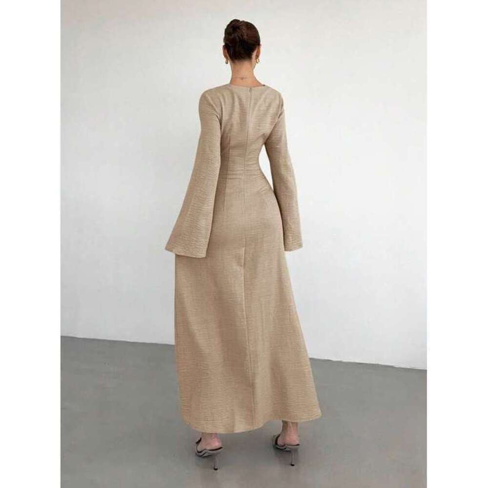 Siren Gaze Twist Front Metal Buckle Flare Long Sleeve Dress,Khak - Picture 2 of 6